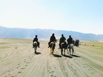 People riding horses in desert against sky