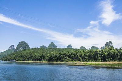 Scenic view of river by mountains against sky