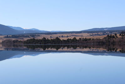 Scenic view of lake against clear blue sky