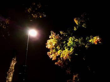 Low angle view of illuminated street light against sky at night