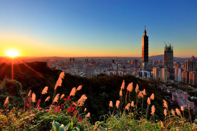 View of city at sunset