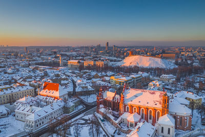 High angle view of townscape against sky during sunset