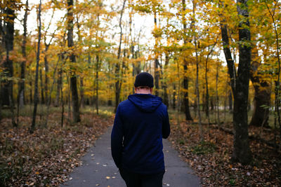 Rear view of man standing on footpath in forest