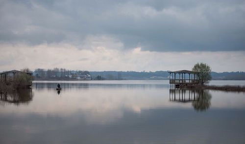 Scenic view of lake against cloudy sky