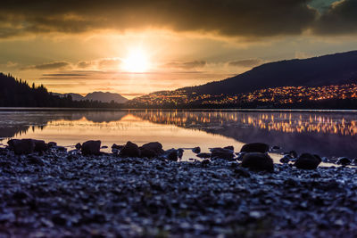 Scenic view of lake against sky during sunset