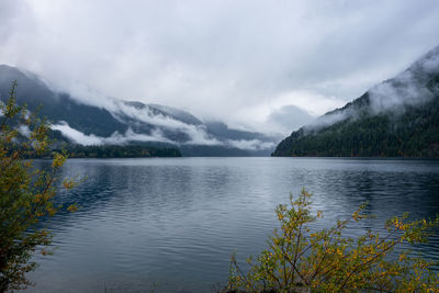 Scenic view of lake and mountains against sky