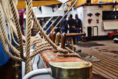 Close-up of ship rigging at harbor