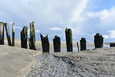 Panoramic view of wooden posts on beach against sky