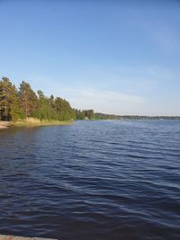 Scenic view of lake against clear blue sky