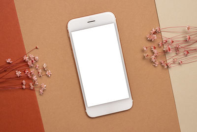 Mobile phone with white screen and dry pink flower branch on a light brown background. trend
