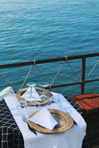 High angle view of food on table by swimming pool