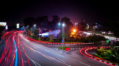 Light trails on road at night