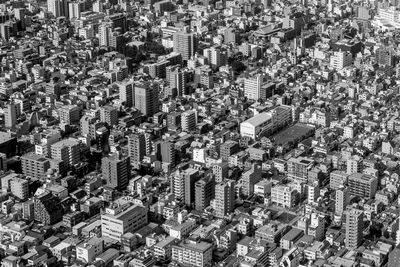 High angle view of modern buildings in city