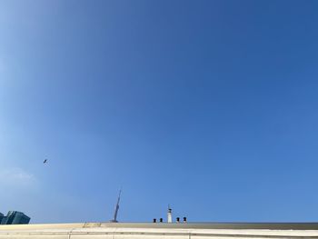Low angle view of building against clear blue sky
