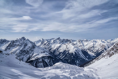 Scenic view of snowcapped mountains against sky