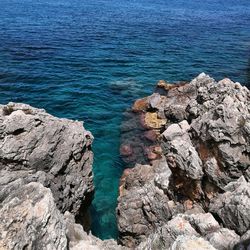 High angle view of rocks in sea