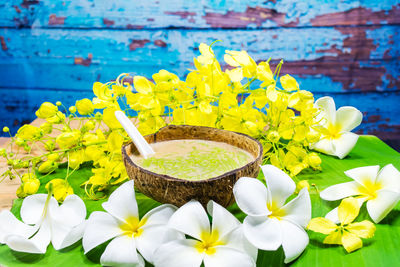 Close-up of yellow flowering plant floating on water