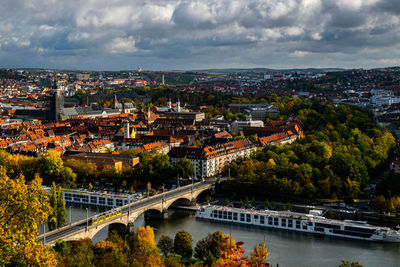 High angle view of river amidst buildings in city against sky