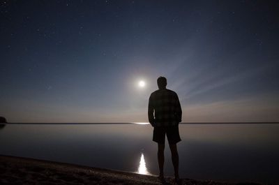 Rear view of silhouette man standing on shore at beach