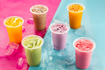 High angle view of drink in glass on table