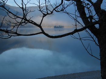 Silhouette bare tree by lake against sky