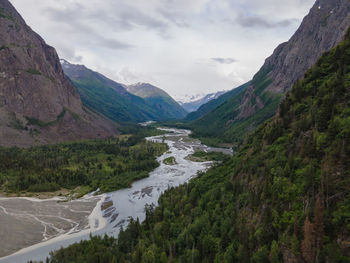 Scenic view of river and mountains against sky