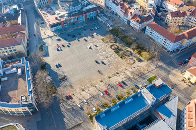 High angle view of street amidst buildings in city