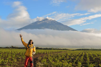 In the morning on the kay uaro tea plantation and the background of the kerinci mountain view