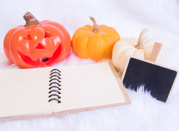 High angle view of pumpkins on table