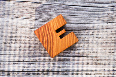 Directly above shot of wooden alphabet e on table