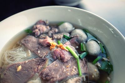 High angle view of meat in bowl