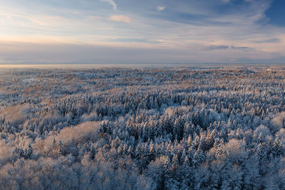 Aerial view of snow covered landscape against sky