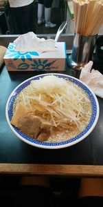 High angle view of noodles in bowl on table