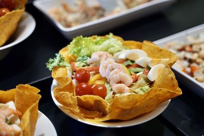 High angle view of food in plate