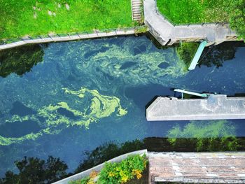 High angle view of swimming pool by lake