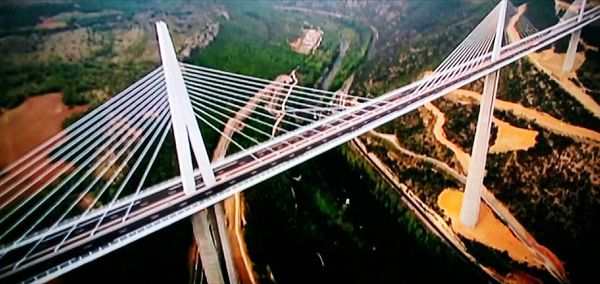 View of suspension bridge over river