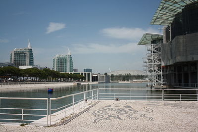 View of swimming pool by buildings against sky