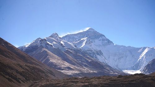 Scenic view of snowcapped mountains against clear blue sky