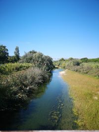 Scenic view of river against clear blue sky