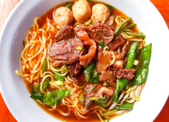 High angle view of noodles in bowl on table