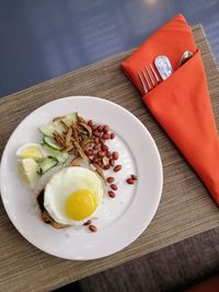 High angle view of breakfast served on table