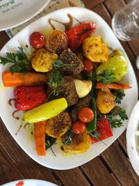 High angle view of meal served in plate on table