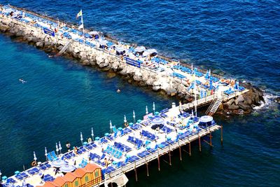 High angle view of huts on sealine 