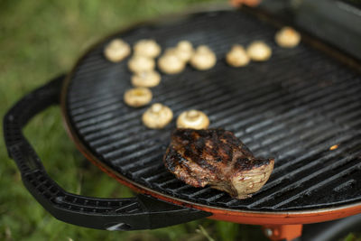 Close-up of food on barbecue grill