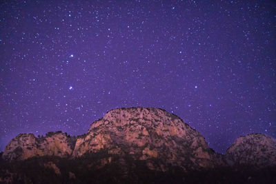 Scenic view of mountains against sky at night