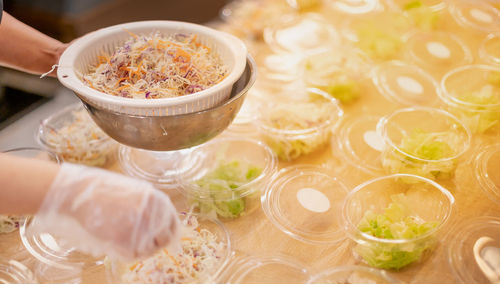 High angle view of food in bowl on table