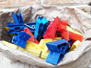 High angle view of various toys on table