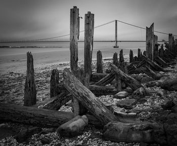 Wooden posts on beach against sky