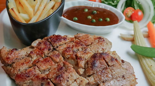 High angle view of meal served on table