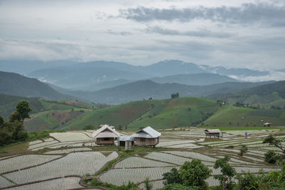 Scenic view of agricultural landscape and mountains against sky